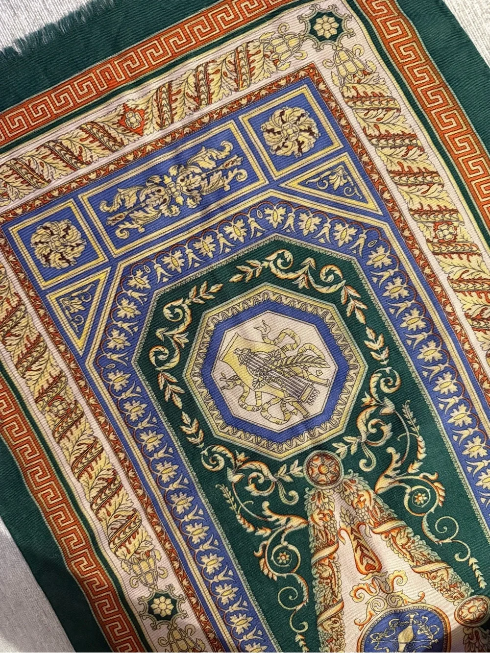 Vintage ETRO Italy Wool Silk Scarf stole Green Gold Baroque Greek Key 54Lx16W